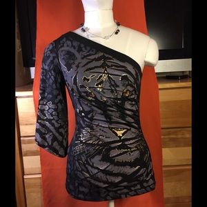 Cache one shoulder top w/t slit sleev Gray/Gold XS